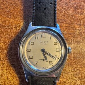 Bulova Silver Case with Black Strap Watch